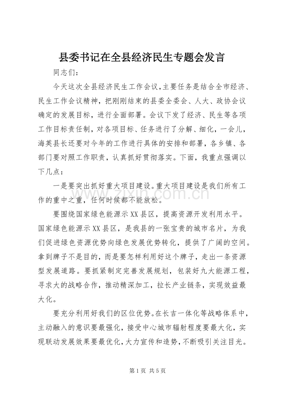 县委书记在全县经济民生专题会发言.docx_第1页