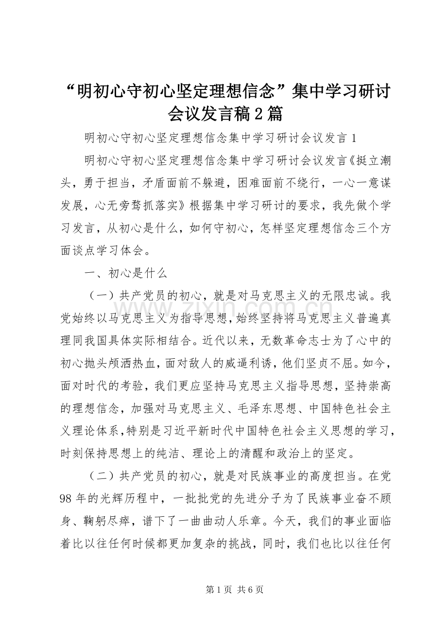 “明初心守初心坚定理想信念”集中学习研讨会议发言2篇.docx_第1页