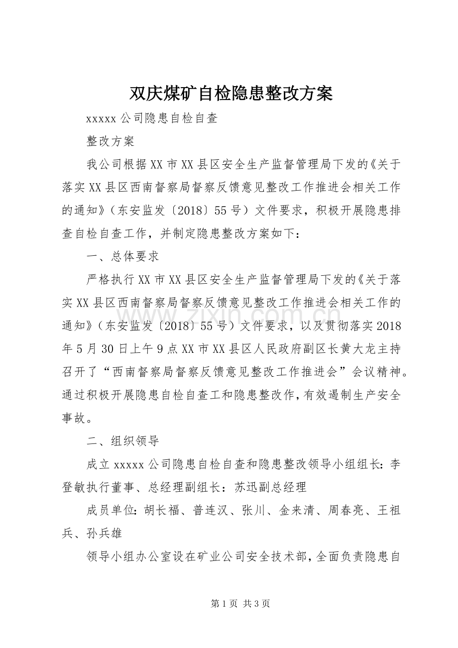 双庆煤矿自检隐患整改实施方案 .docx_第1页