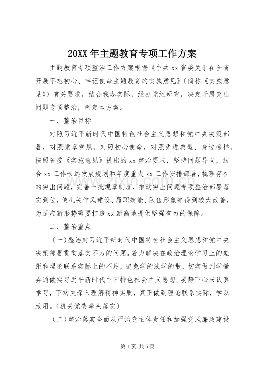 XX年主题教育专项工作实施方案.docx_第1页