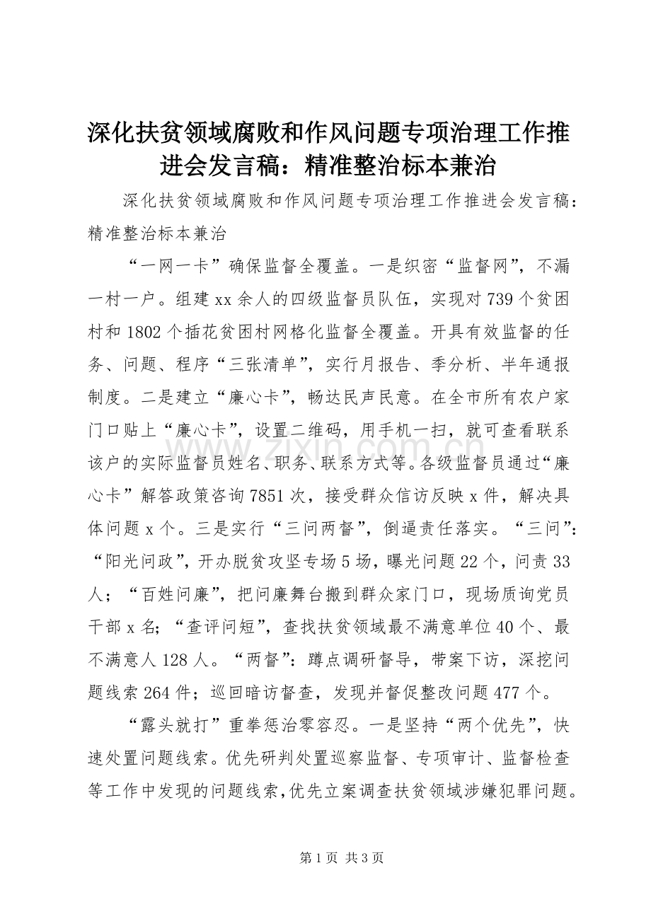 深化扶贫领域腐败和作风问题专项治理工作推进会发言：精准整治标本兼治.docx_第1页