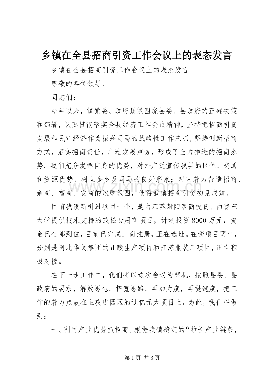 乡镇在全县招商引资工作会议上的表态发言稿.docx_第1页