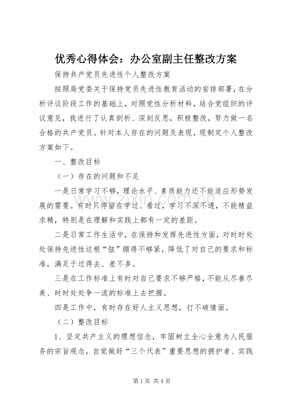 优秀心得体会：办公室副主任整改实施方案.docx_第1页