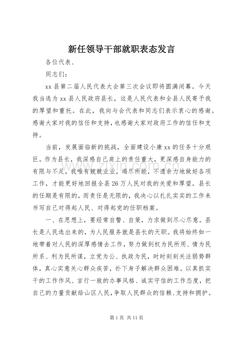 新任领导干部就职表态发言稿.docx_第1页