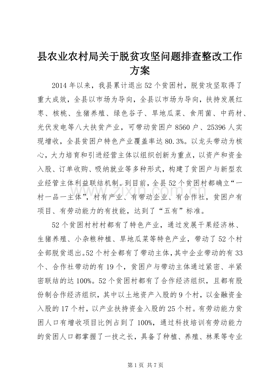 县农业农村局关于脱贫攻坚问题排查整改工作实施方案.docx_第1页