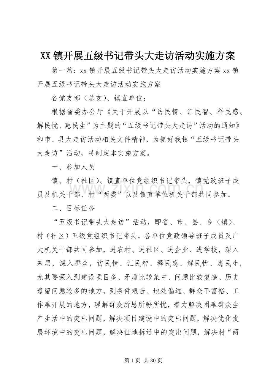 XX镇开展五级书记带头大走访活动方案.docx_第1页