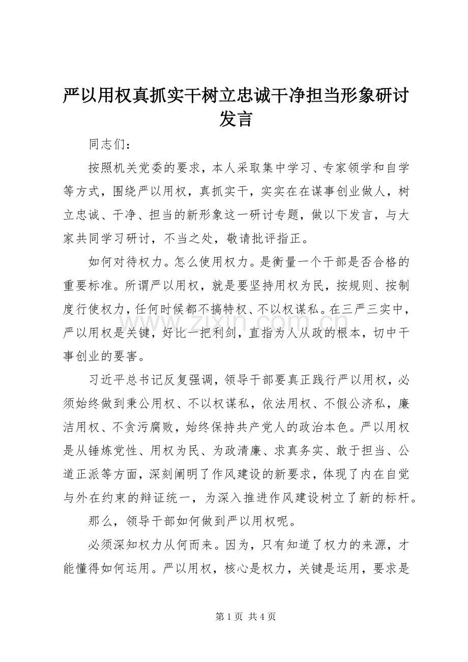 严以用权真抓实干树立忠诚干净担当形象研讨发言稿.docx_第1页