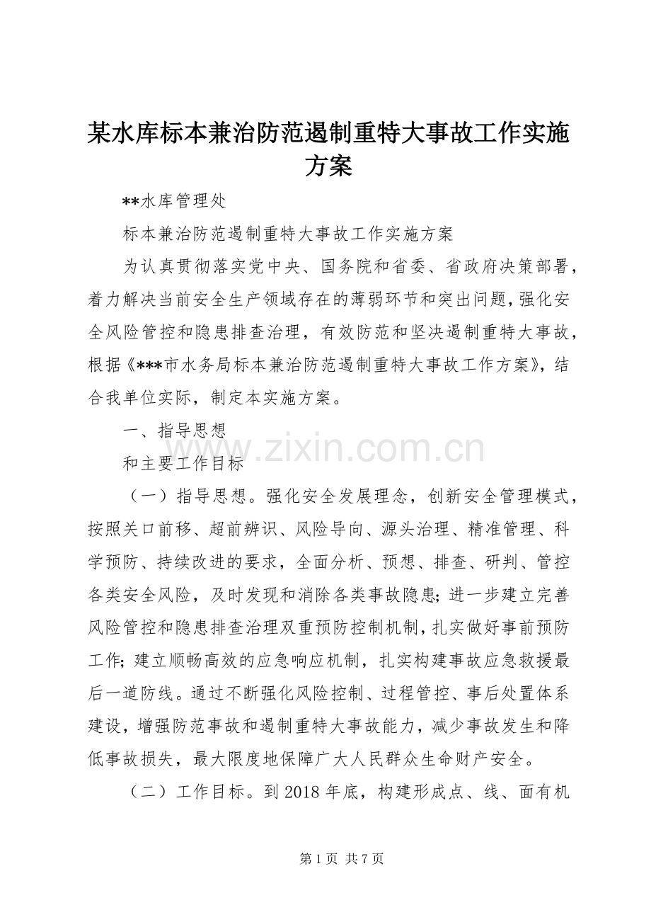 某水库标本兼治防范遏制重特大事故工作方案.docx_第1页