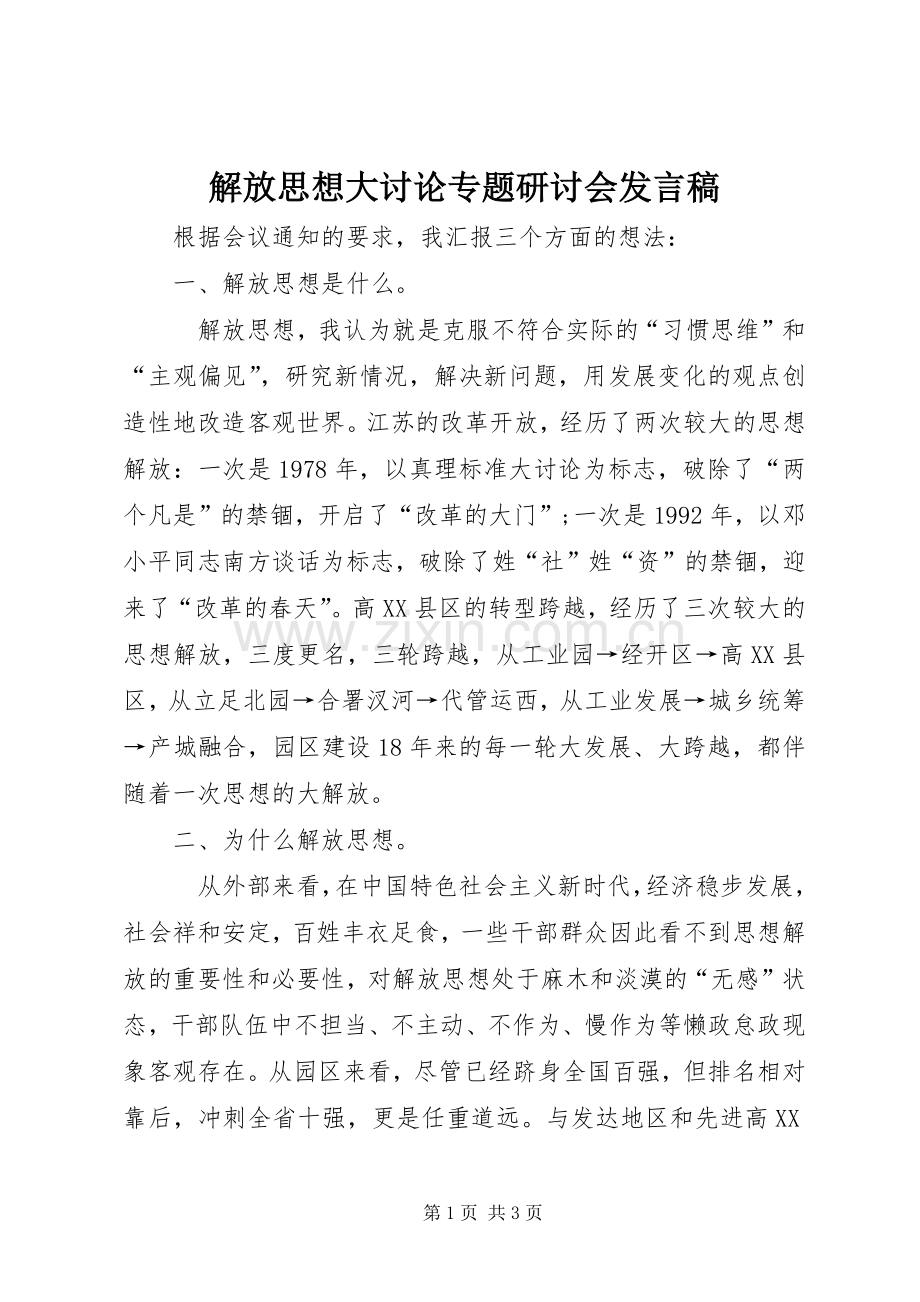 解放思想大讨论专题研讨会发言稿.docx_第1页