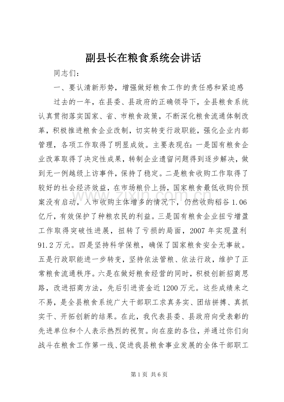 副县长在粮食系统会讲话.docx_第1页