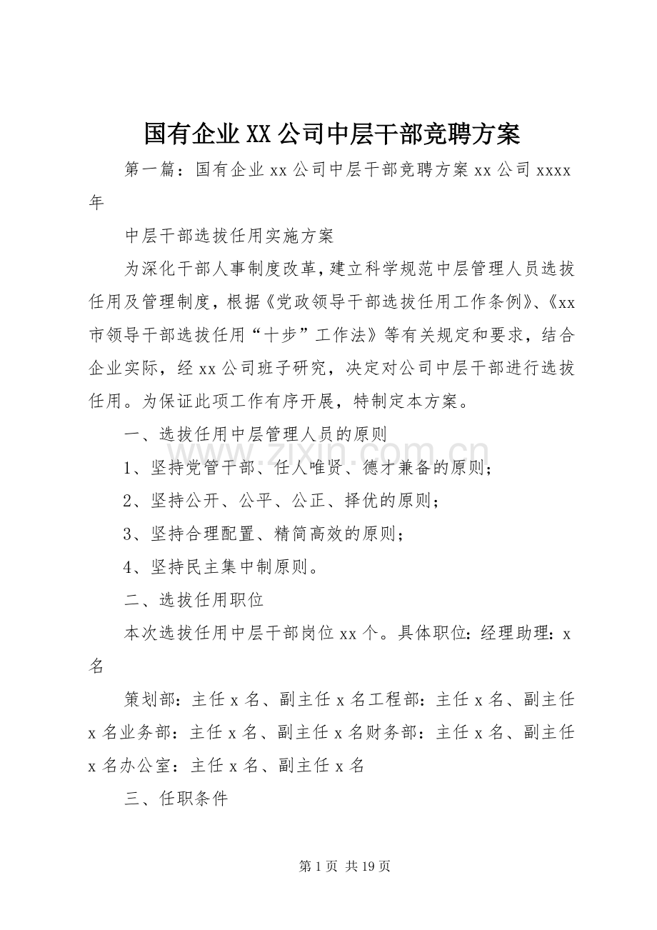 国有企业XX公司中层干部竞聘实施方案.docx_第1页