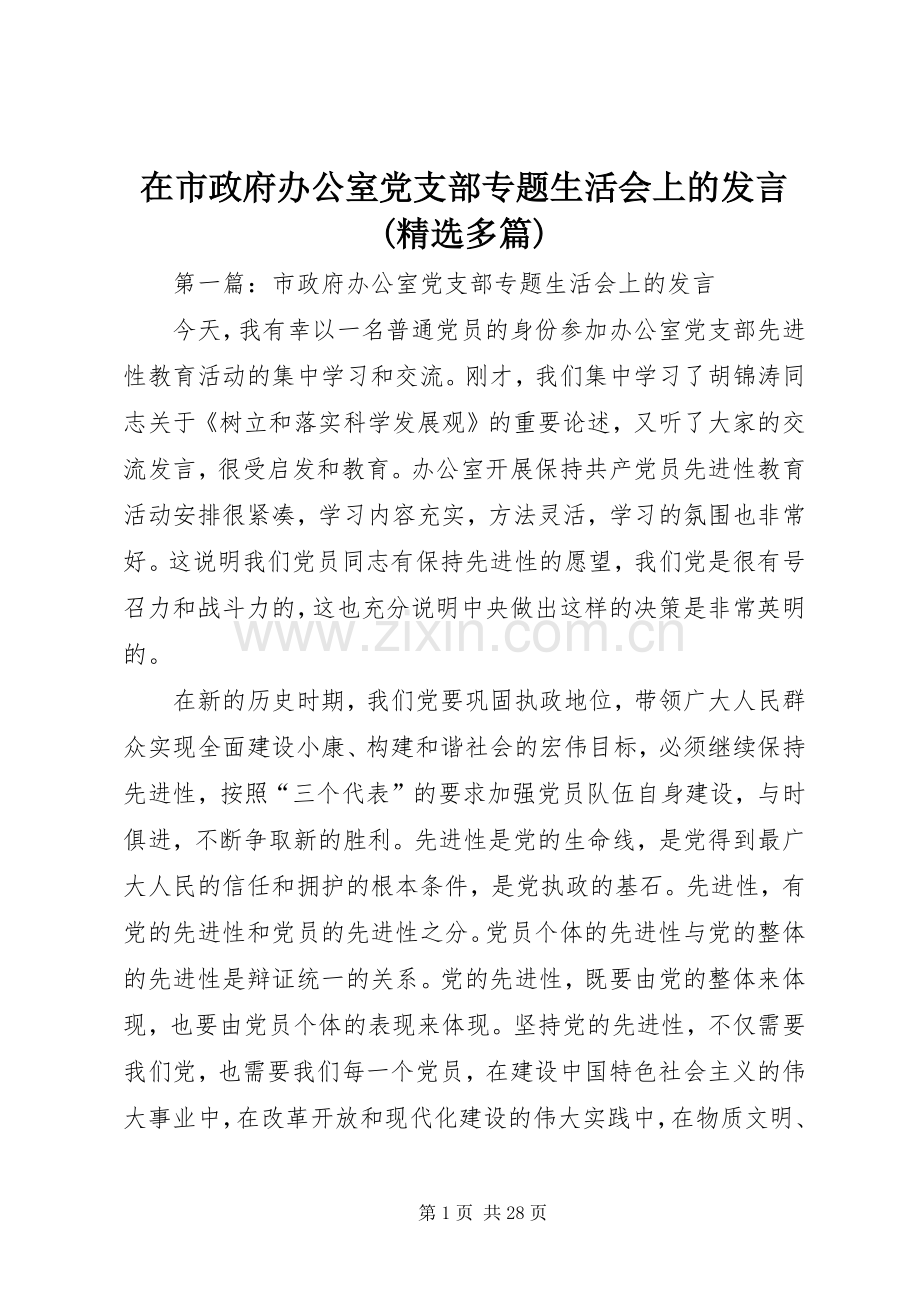 在市政府办公室党支部专题生活会上的发言(多篇).docx_第1页