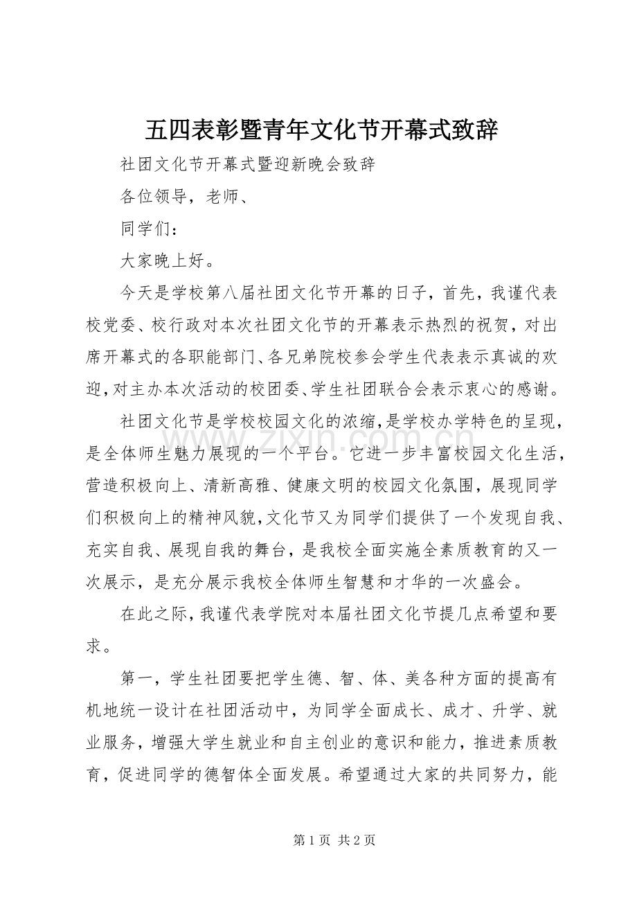 五四表彰暨青年文化节开幕式致辞演讲(5).docx_第1页