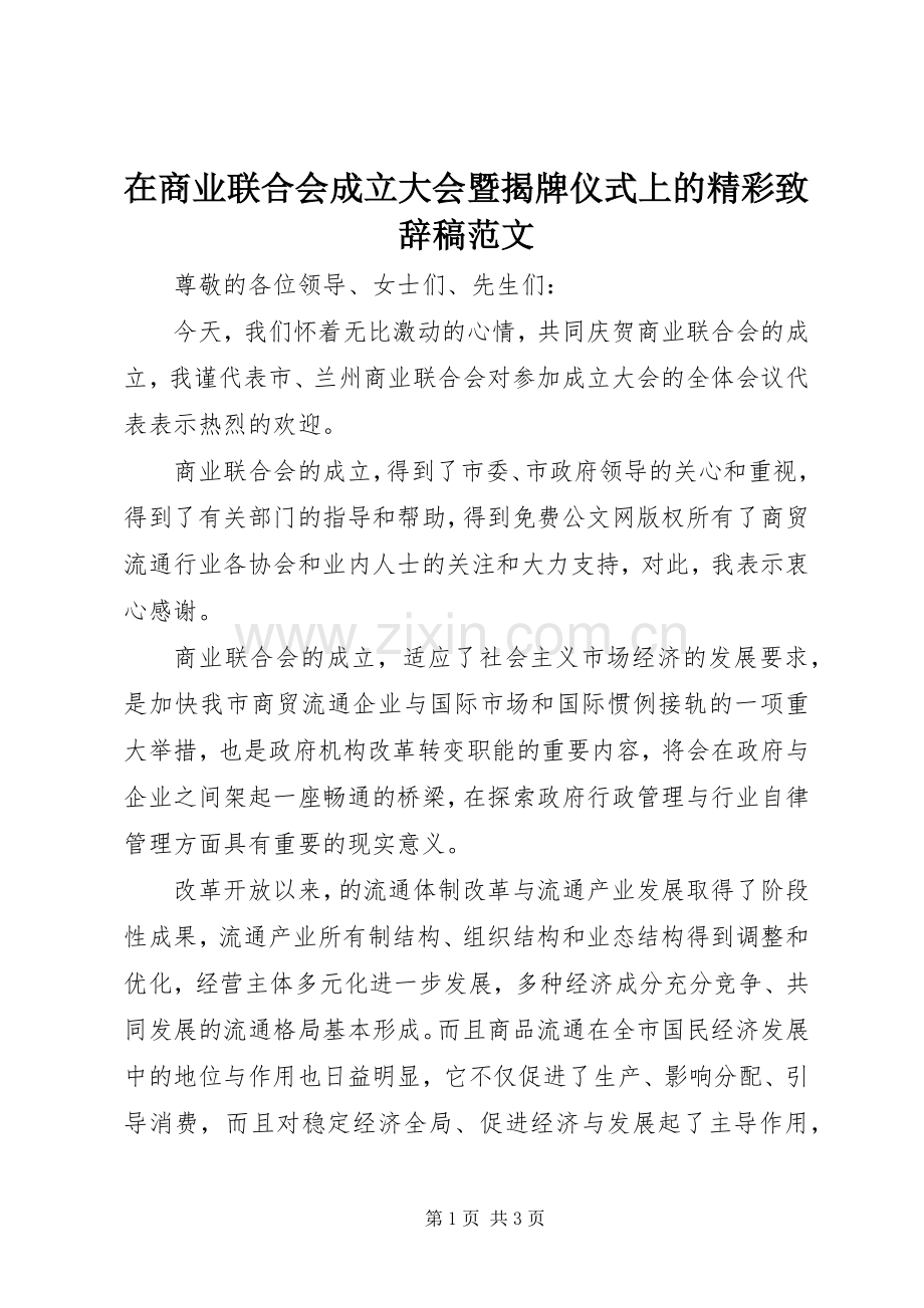 在商业联合会成立大会暨揭牌仪式上的精彩致辞稿范文.docx_第1页