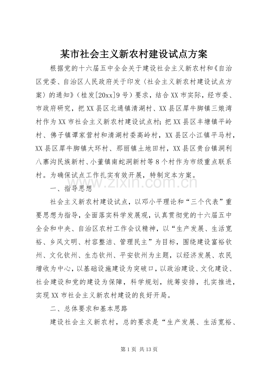 某市社会主义新农村建设试点实施方案.docx_第1页