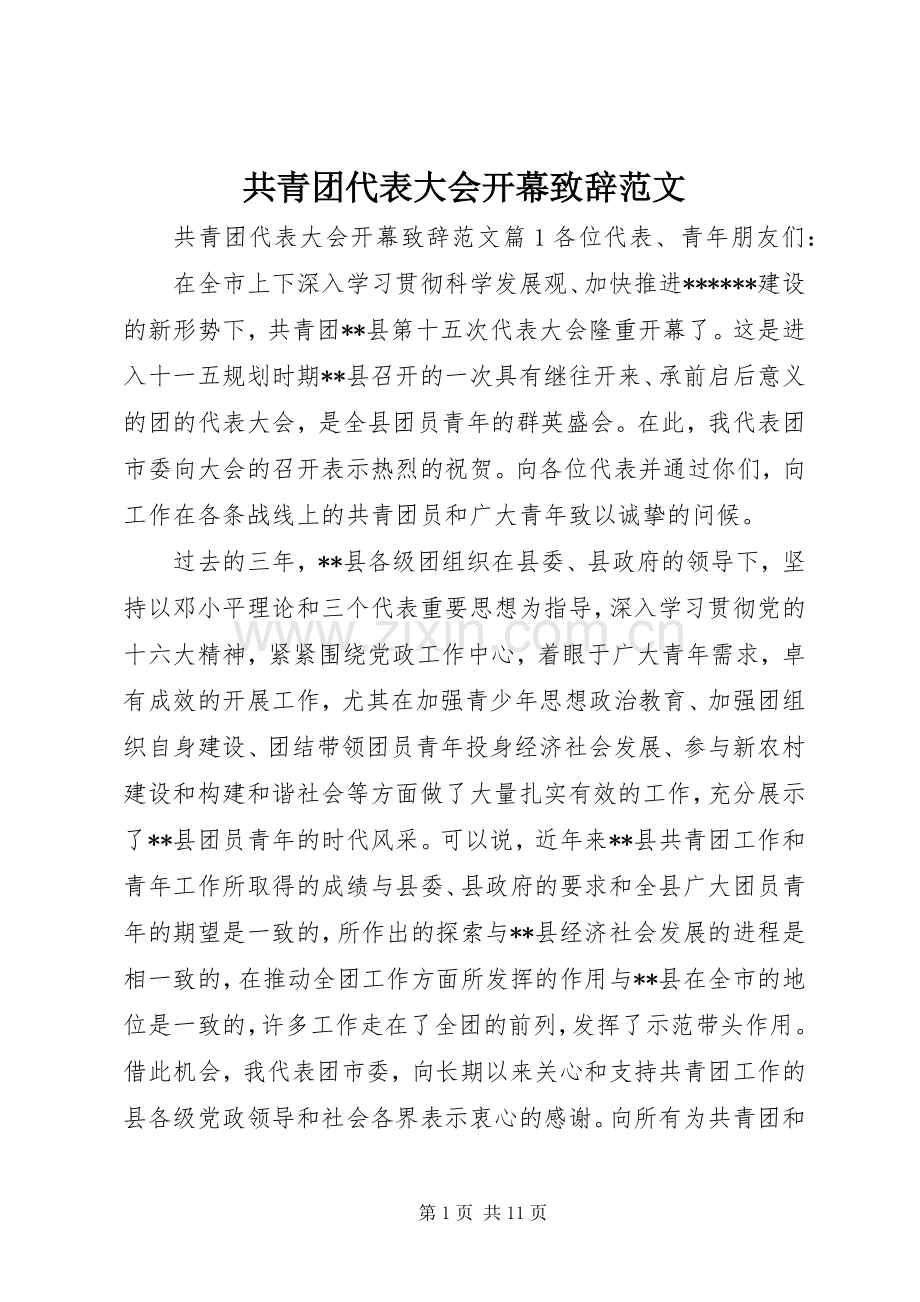 共青团代表大会开幕致辞范文.docx_第1页