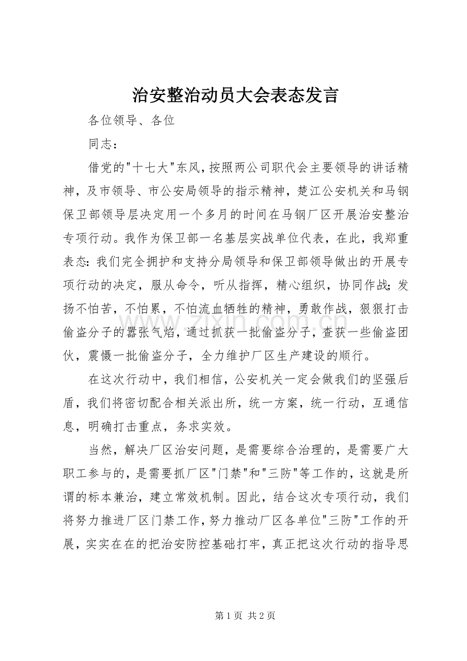 治安整治动员大会表态发言.docx_第1页