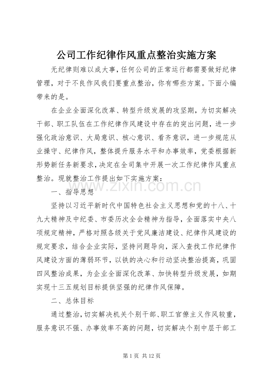 公司工作纪律作风重点整治方案.docx_第1页