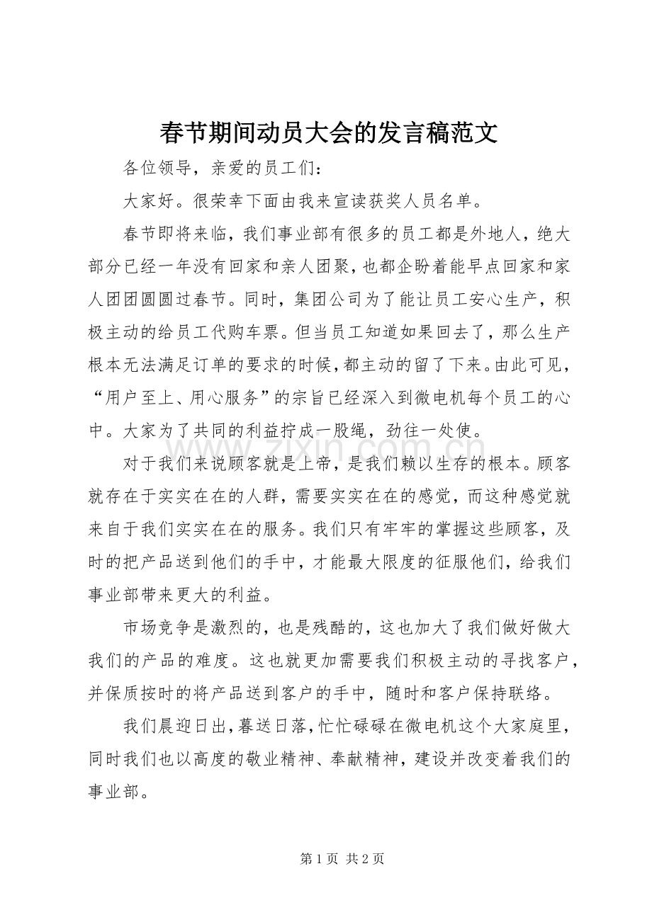 春节期间动员大会的发言范文.docx_第1页