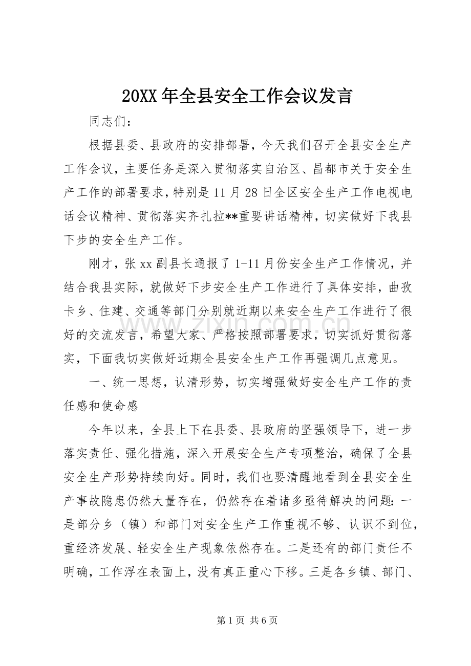 20XX年全县安全工作会议发言稿.docx_第1页