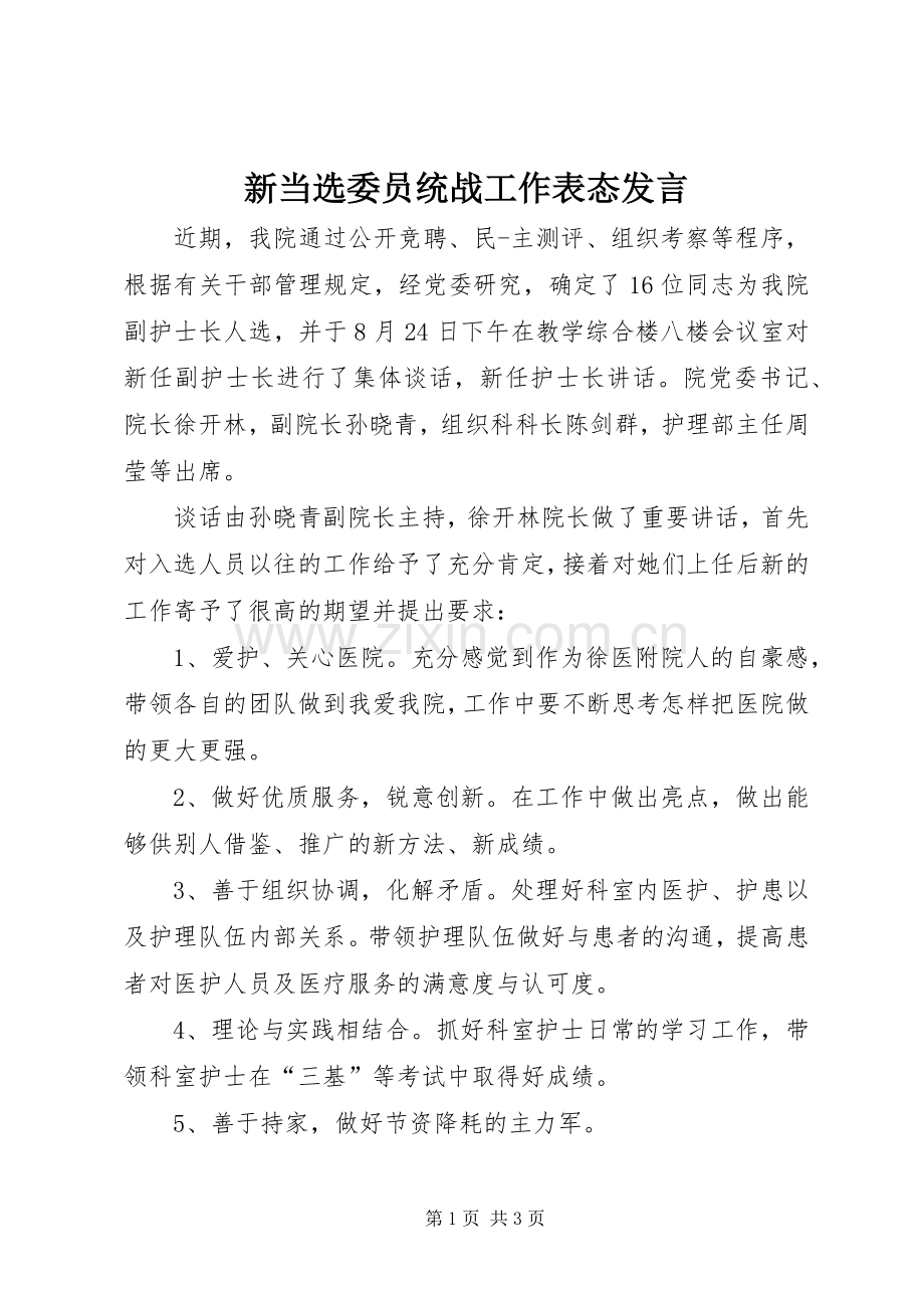 新当选委员统战工作表态发言稿.docx_第1页