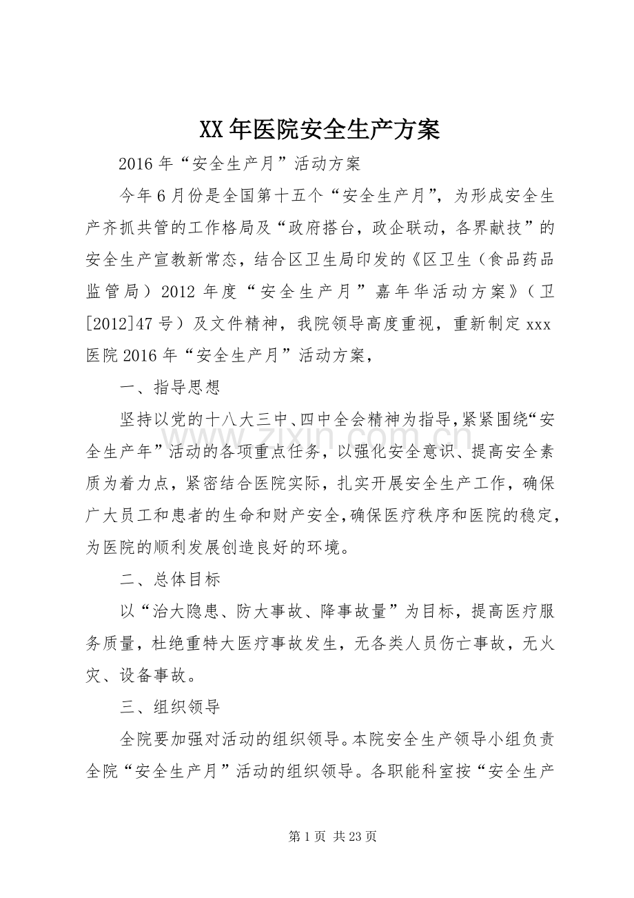 XX年医院安全生产实施方案.docx_第1页