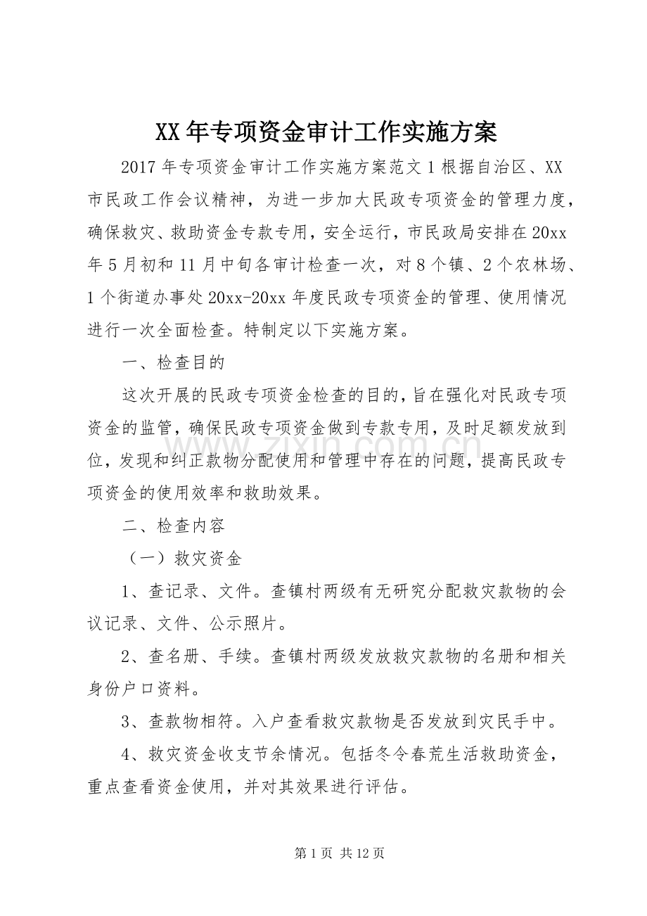 XX年专项资金审计工作方案.docx_第1页