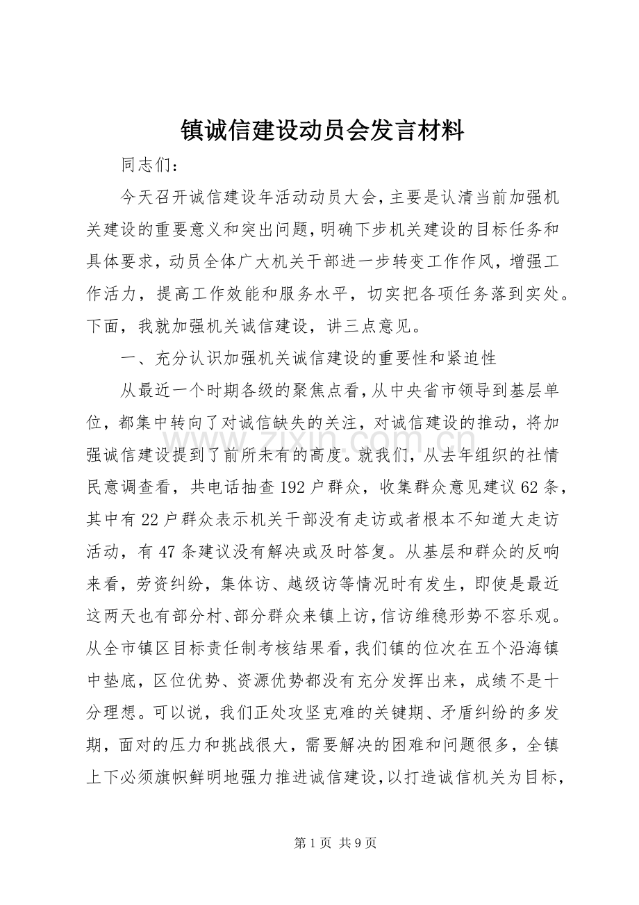 镇诚信建设动员会发言材料.docx_第1页