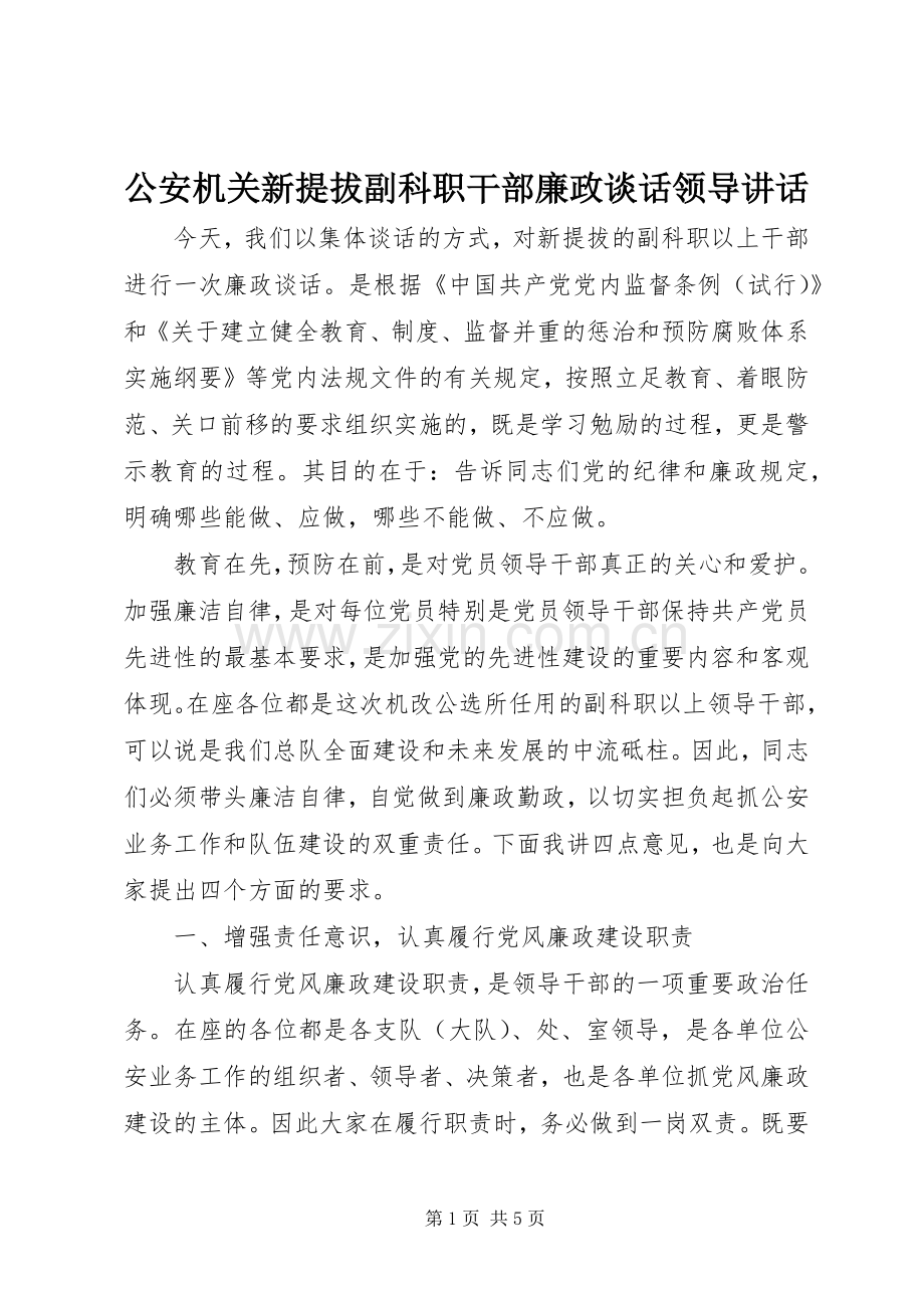 公安机关新提拔副科职干部廉政谈话领导讲话.docx_第1页