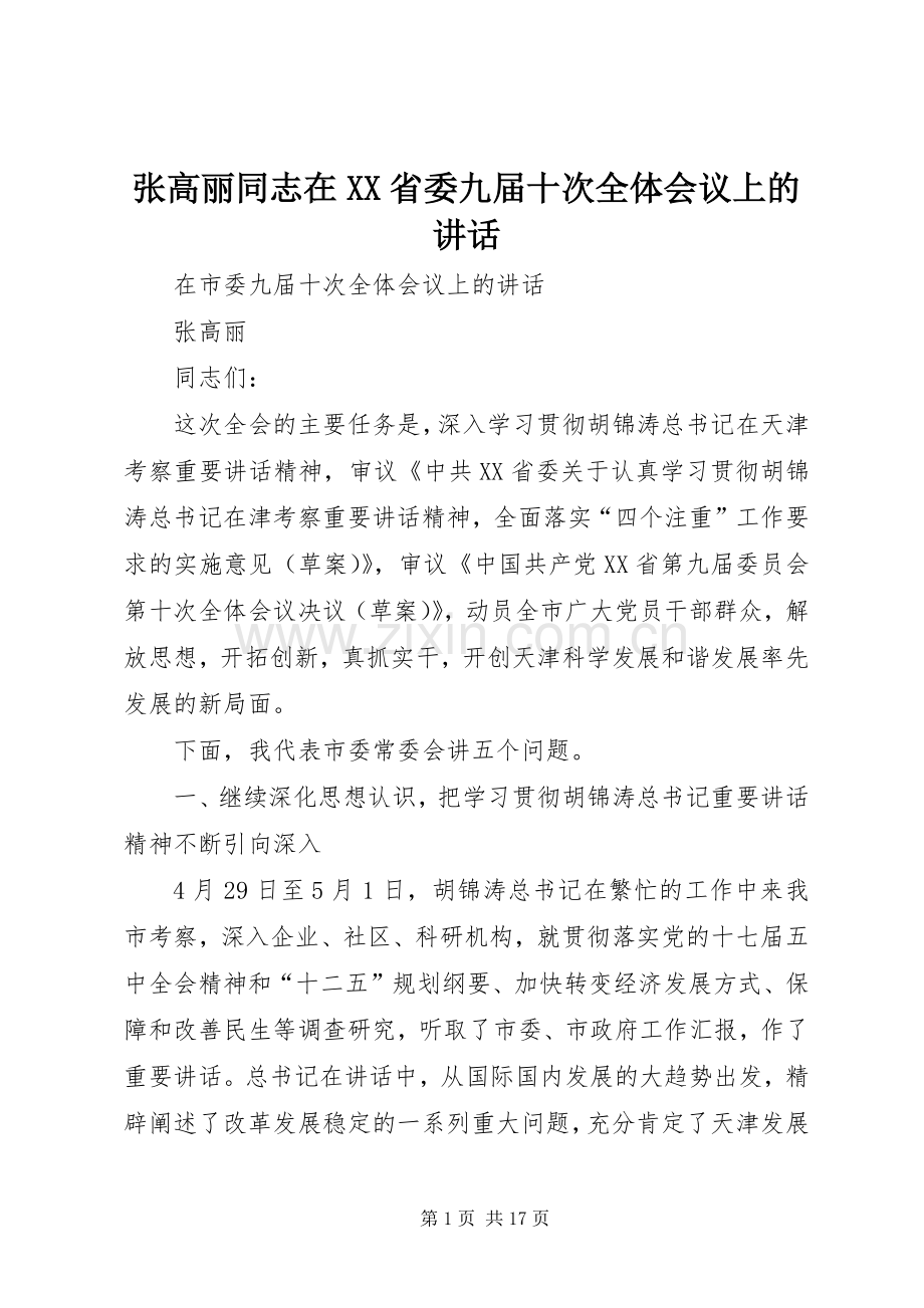 张高丽同志在XX省委九届十次全体会议上的讲话.docx_第1页