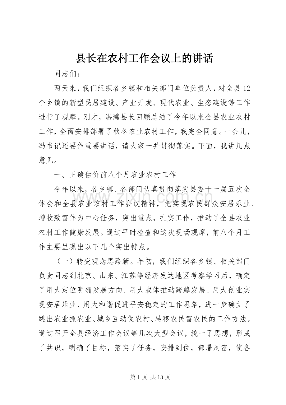 县长在农村工作会议上的讲话.docx_第1页