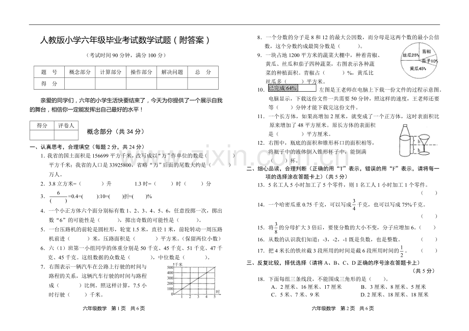 小学六年级毕业考试数学试卷(附答案).doc_第1页