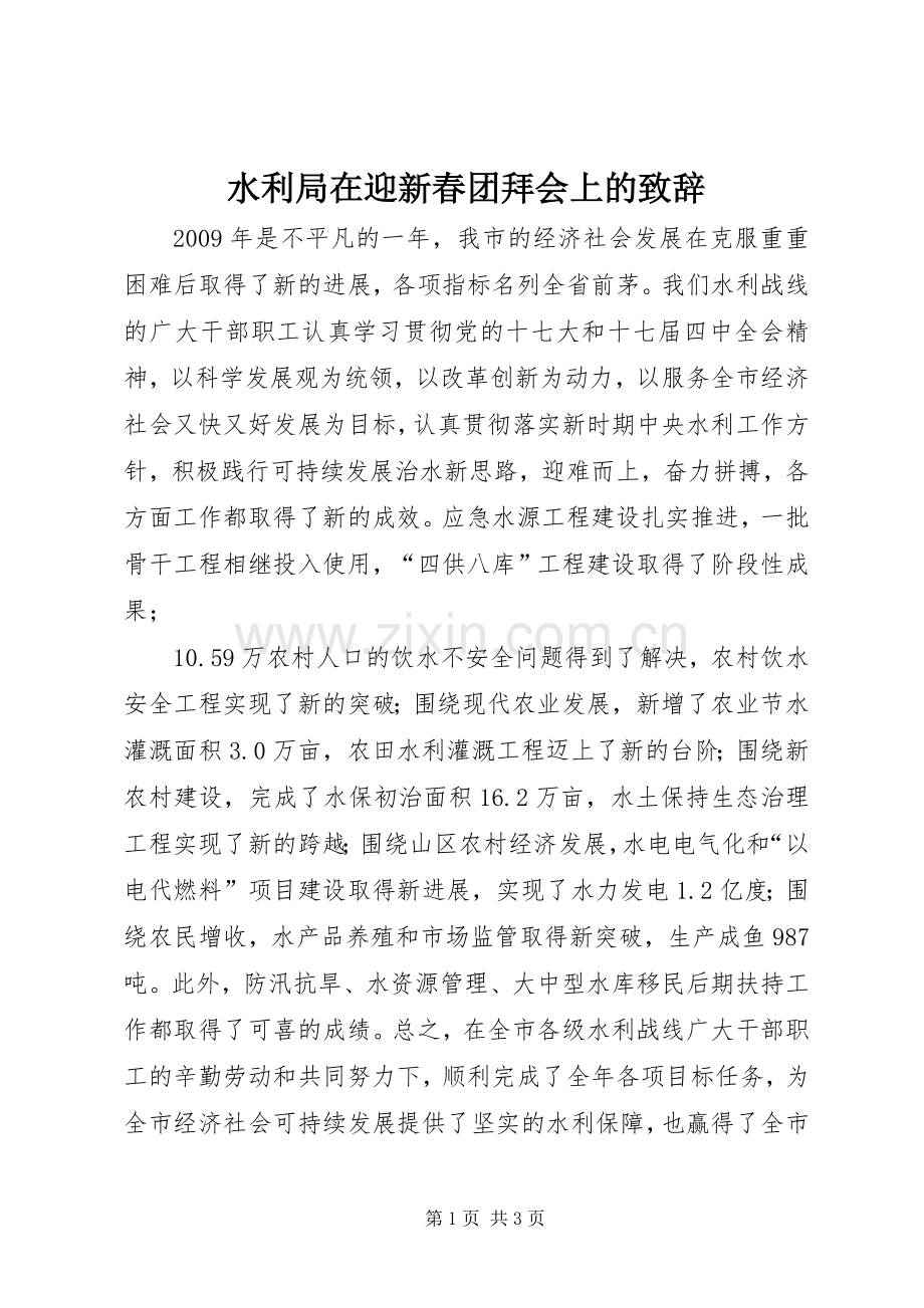 水利局在迎新春团拜会上的演讲致辞.docx_第1页