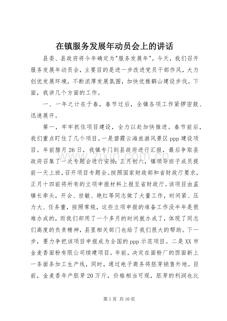 在镇服务发展年动员会上的讲话.docx_第1页