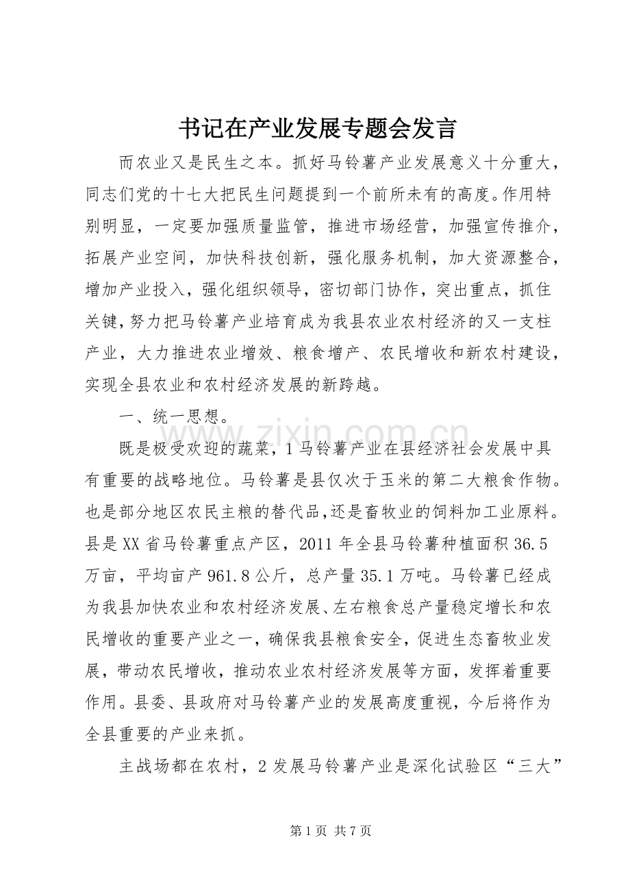 书记在产业发展专题会发言.docx_第1页