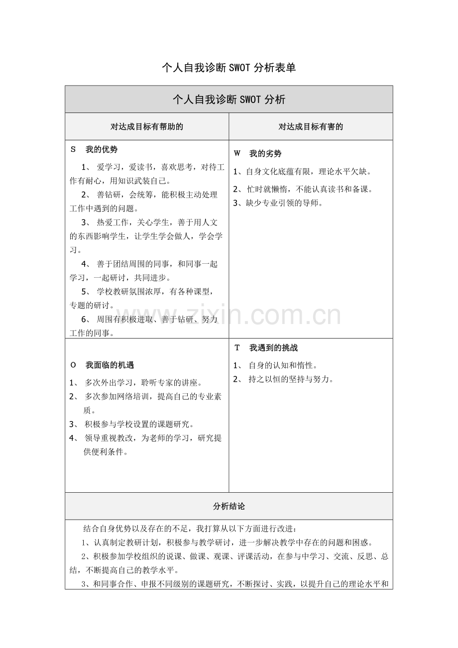 宋艳芬个人自我诊断SWOT分析表.doc_第1页