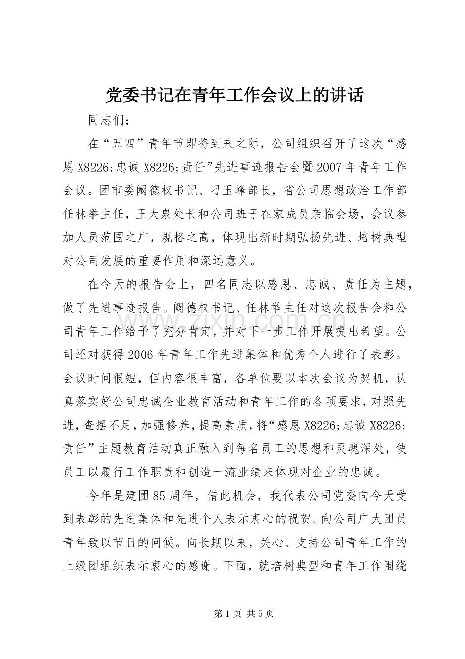 党委书记在青年工作会议上的讲话.docx_第1页