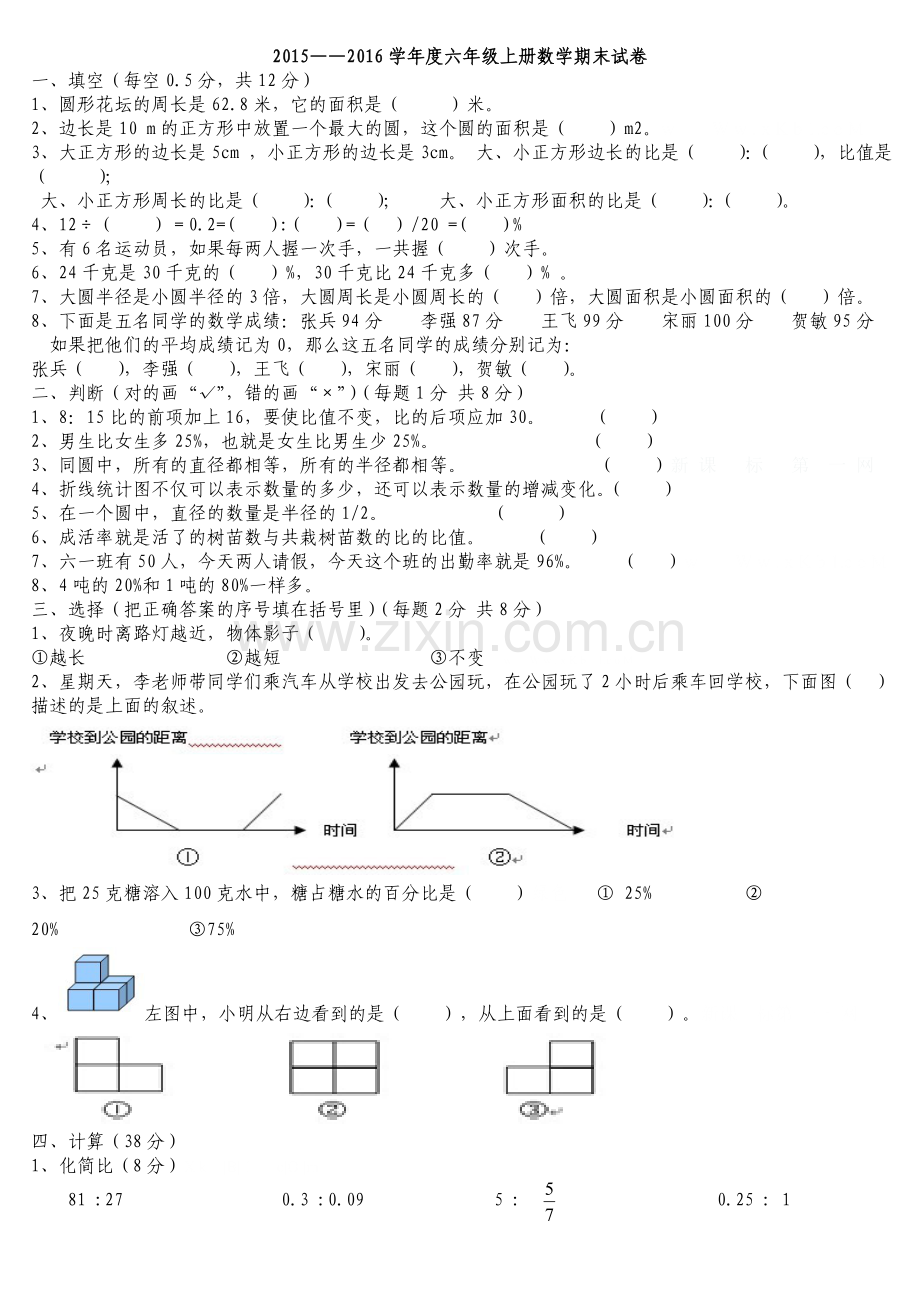 2015―2016学年度六年级上册数学期末试卷.doc_第1页