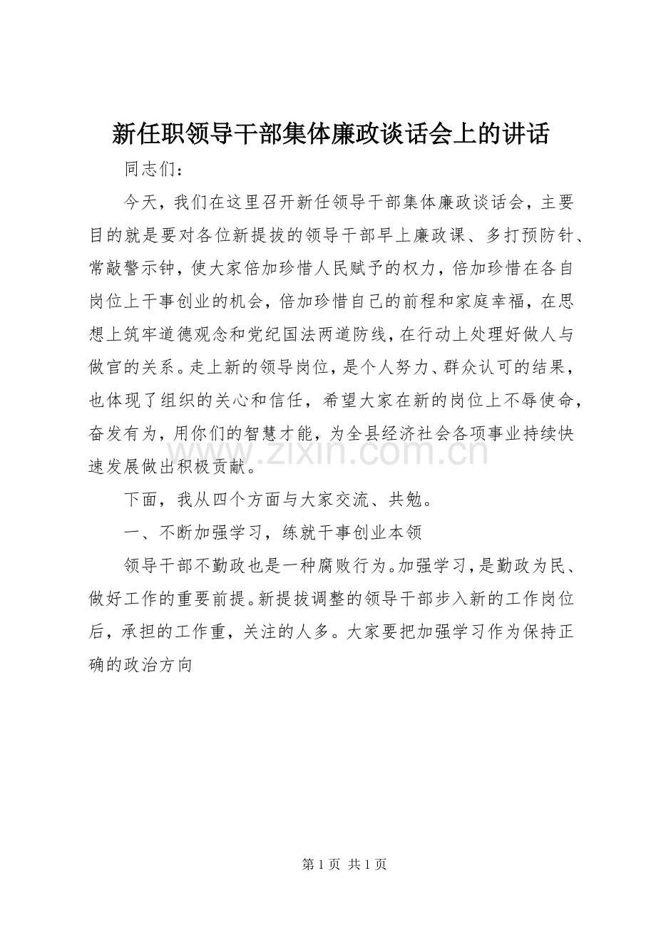 新任职领导干部集体廉政谈话会上的讲话.docx_第1页