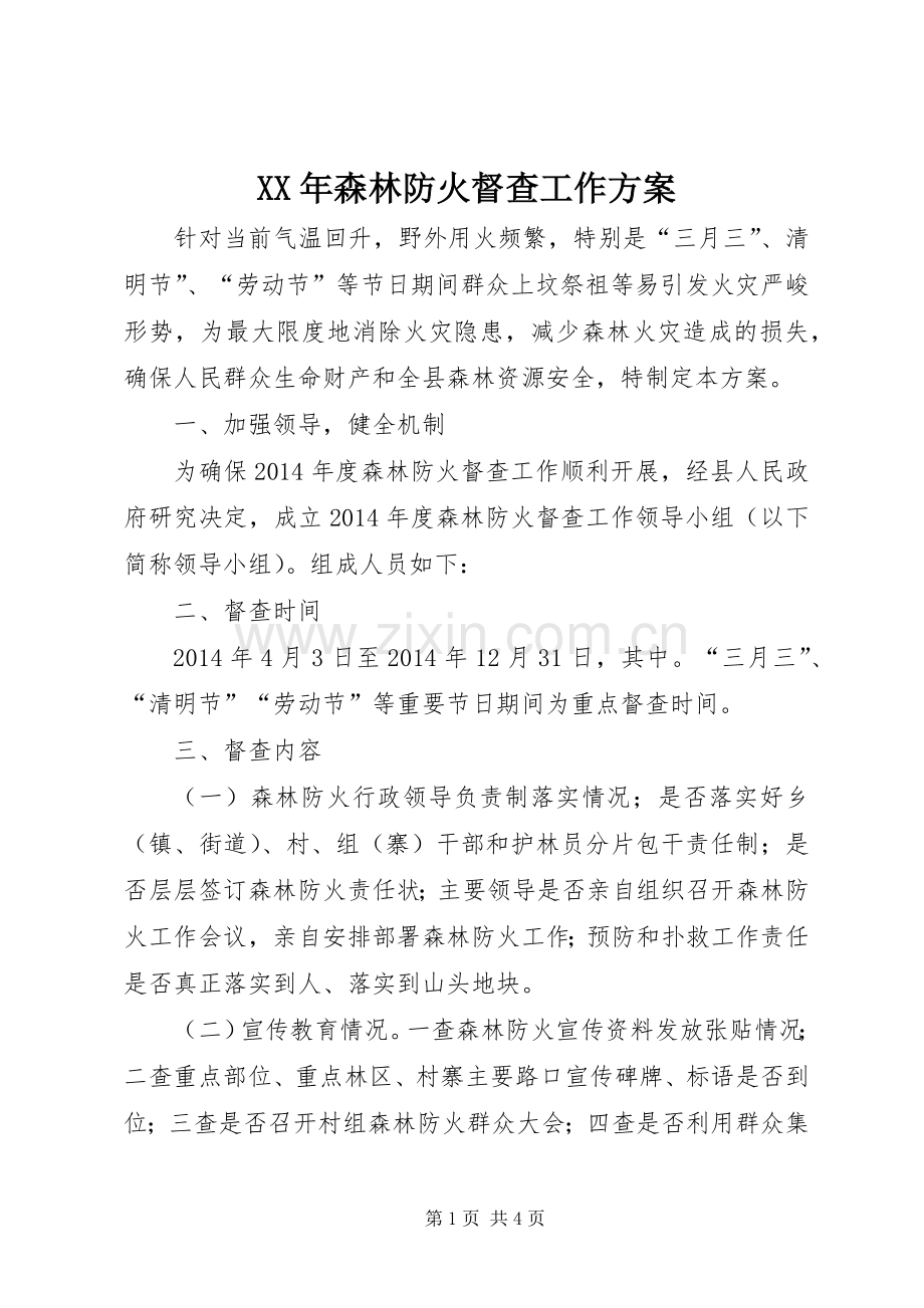 XX年森林防火督查工作实施方案.docx_第1页