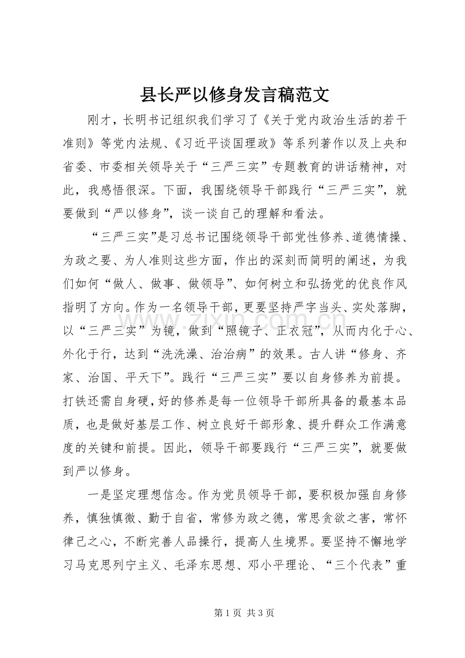 县长严以修身发言稿范文.docx_第1页