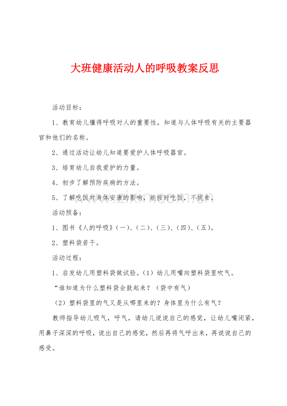 大班健康活动人的呼吸教案反思.docx_第1页