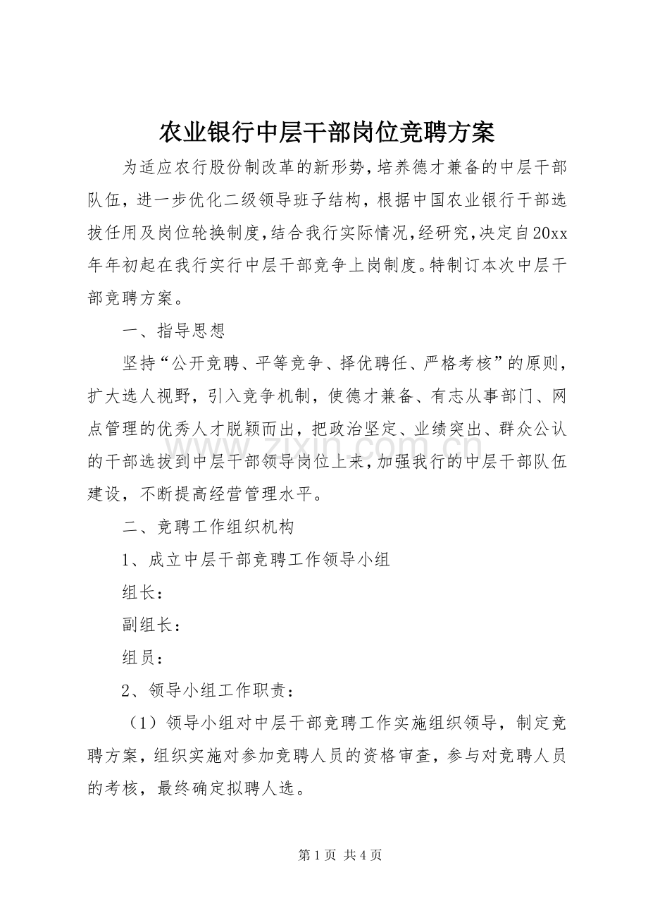 农业银行中层干部岗位竞聘实施方案.docx_第1页