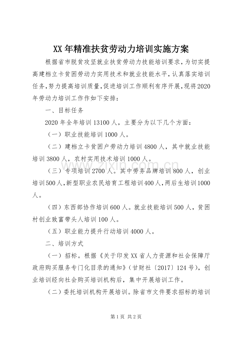 XX年精准扶贫劳动力培训方案.docx_第1页