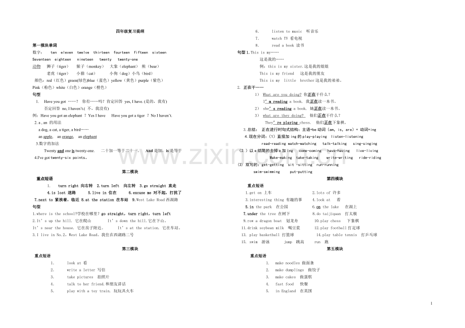 外研社版三起英语四年级上册复习提纲-短语+句型.doc_第1页