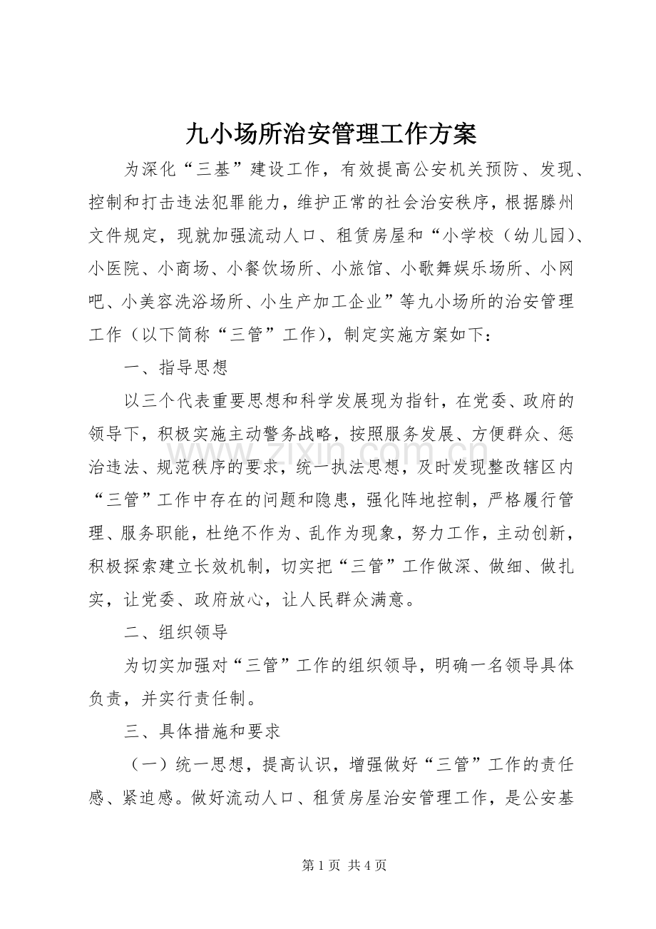 九小场所治安管理工作实施方案.docx_第1页