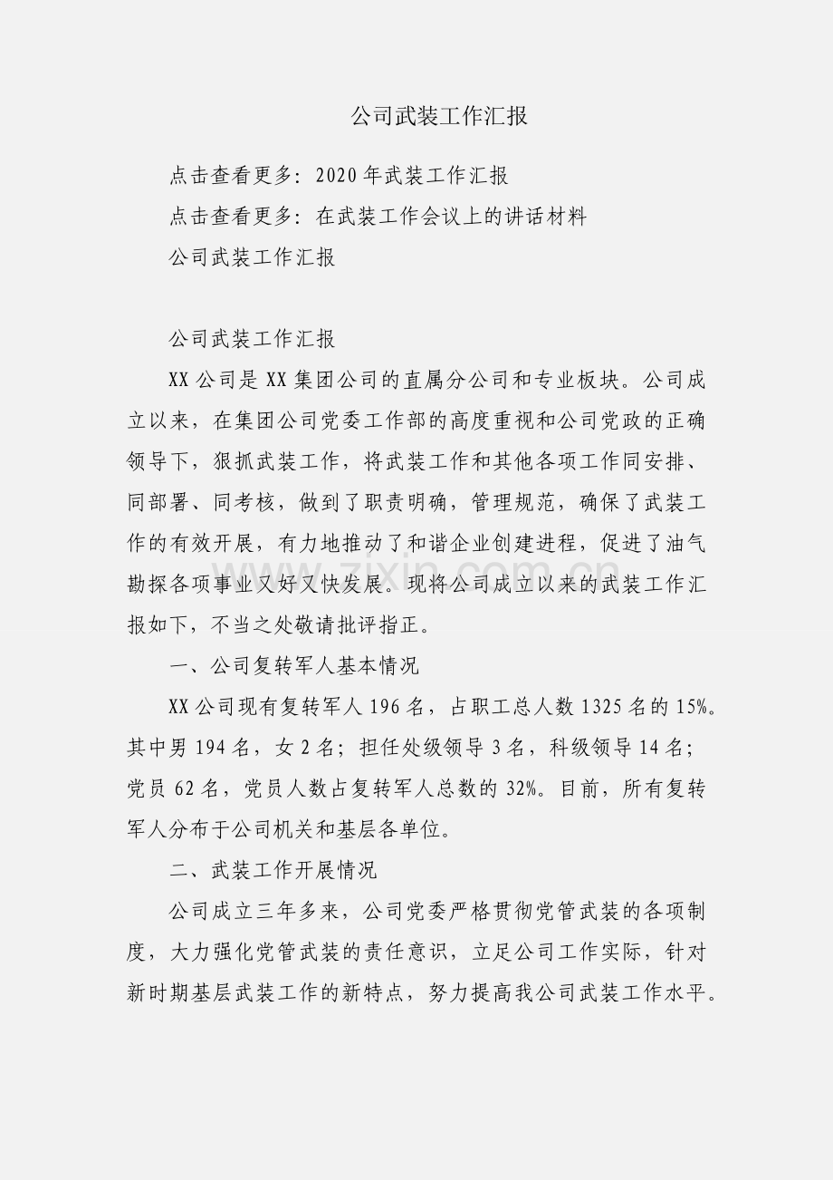 公司武装工作汇报.docx_第1页