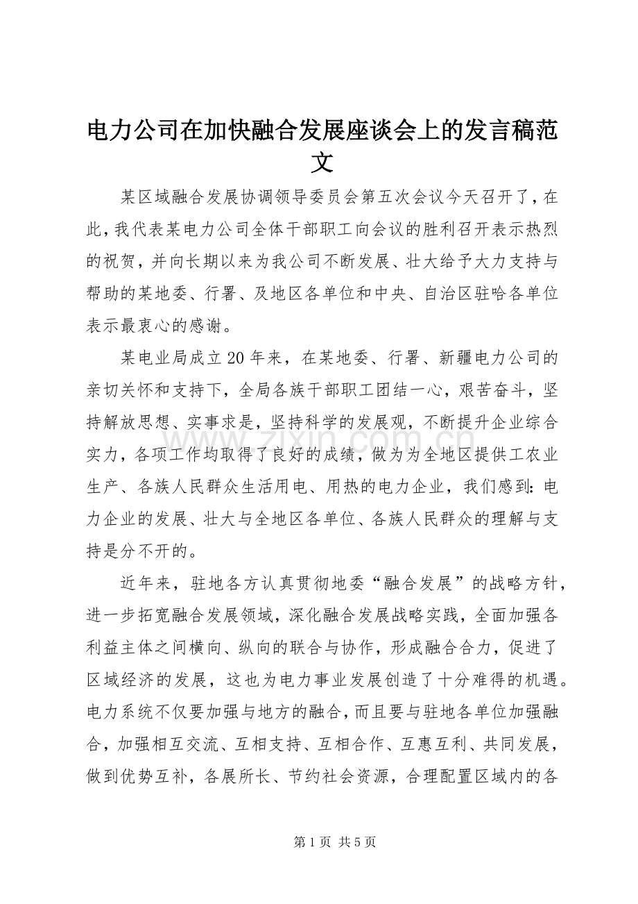 电力公司在加快融合发展座谈会上的发言稿范文.docx_第1页