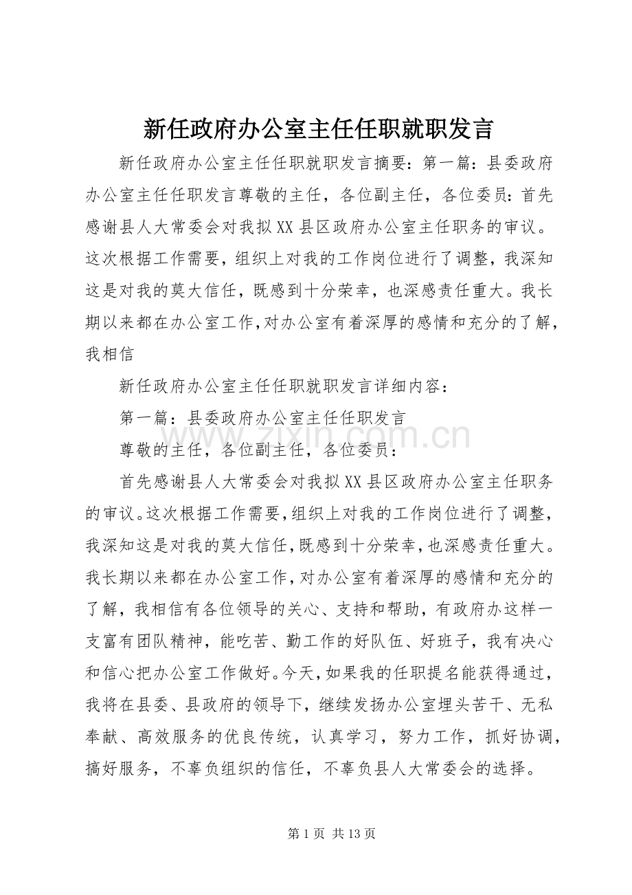 新任政府办公室主任任职就职发言稿.docx_第1页