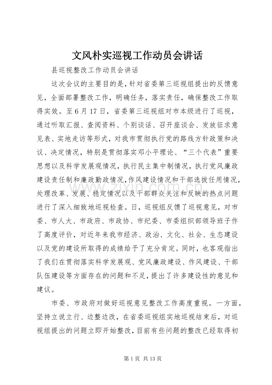 文风朴实巡视工作动员会讲话.docx_第1页